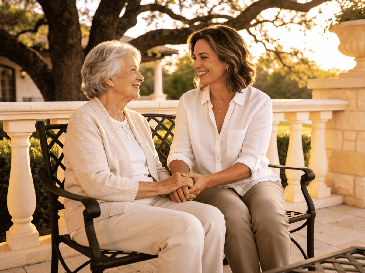 Adult daughter and her mother holding hands on a sunlit patio at Independence Hill