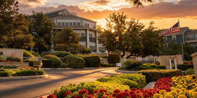 Independence Hill retirement community at sunset