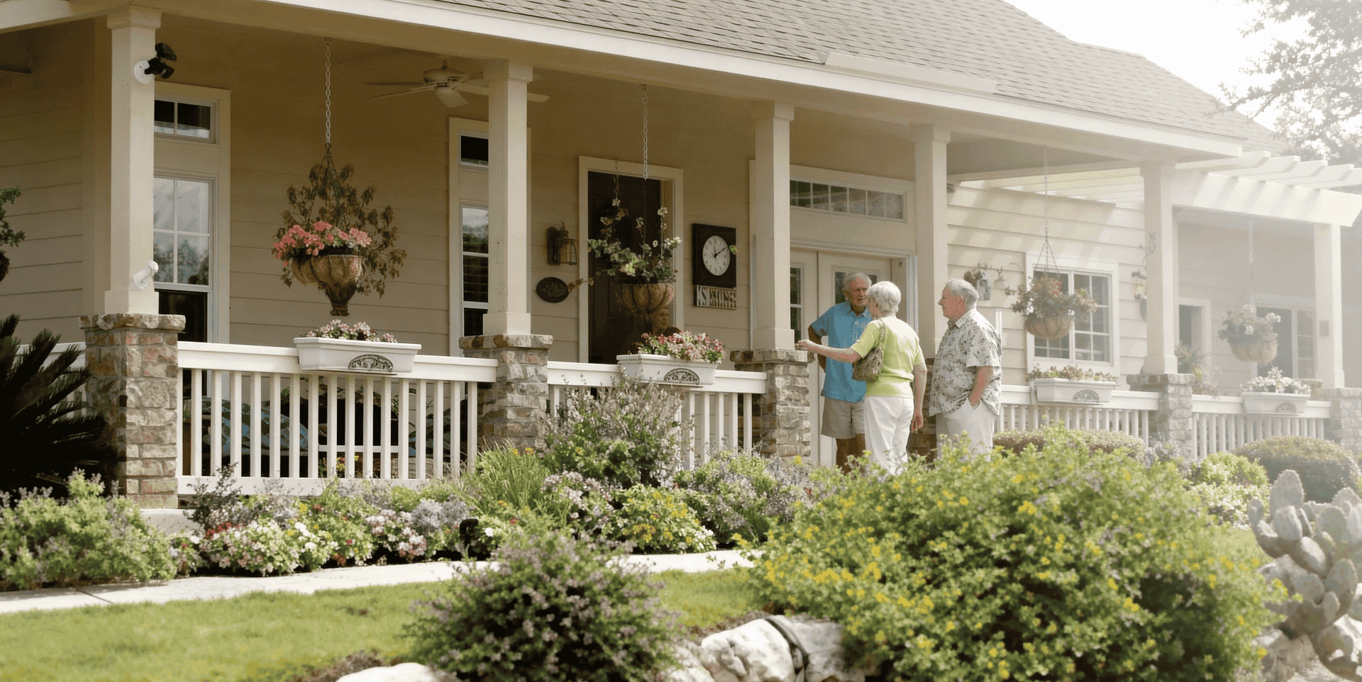 Residents chatting on the front porch of a village home