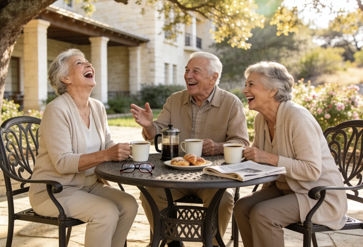Three Independence Hill residents laughing together over coffee on a sunlit patio