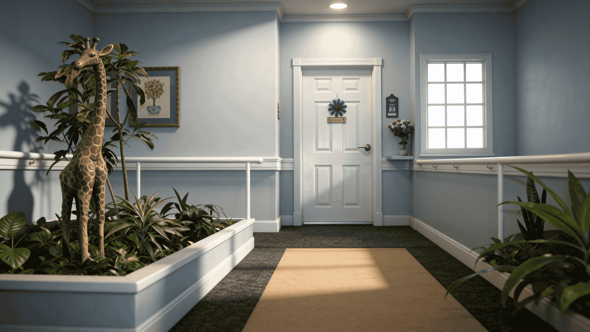 Bright assisted living hallway with a resident's decorated door